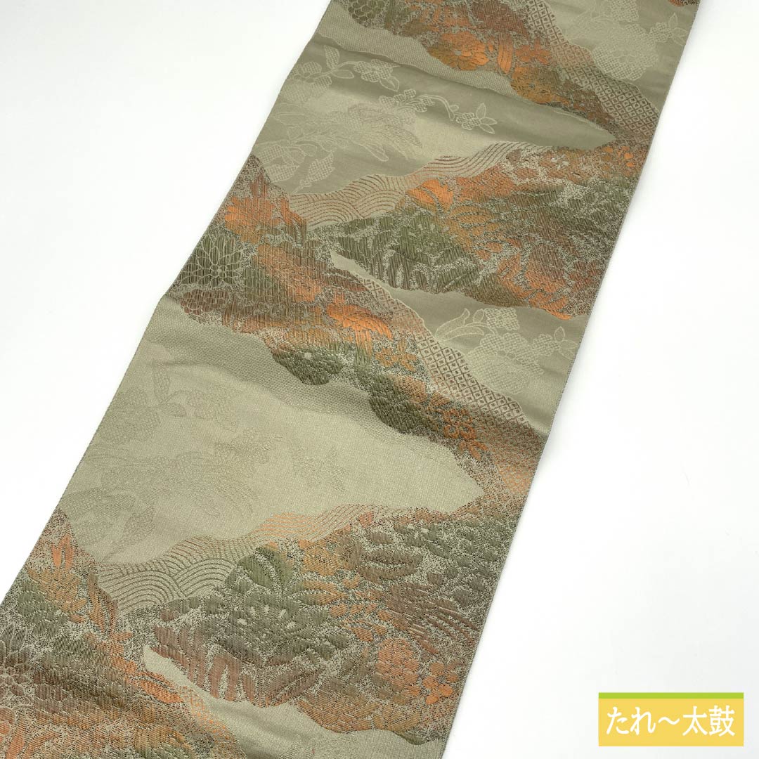 Nagoya obi, yellow-grey, Hakata weave, puffed weave, Cyprus treasure, obi length 356cm, pure silk, S rank, six-pass, casual, green, 1124008202319, Matsuba style