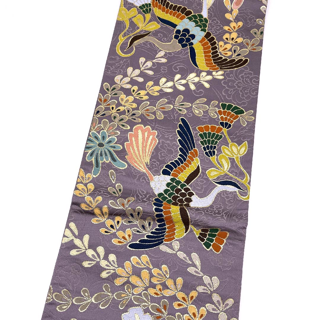Fukuro Obi (light purple obi) for long-sleeved kimono, Shirayaen Oba, bird and flower, obi length 427cm, pure silk, S rank, six-pass, formal, purple, 1123009482320