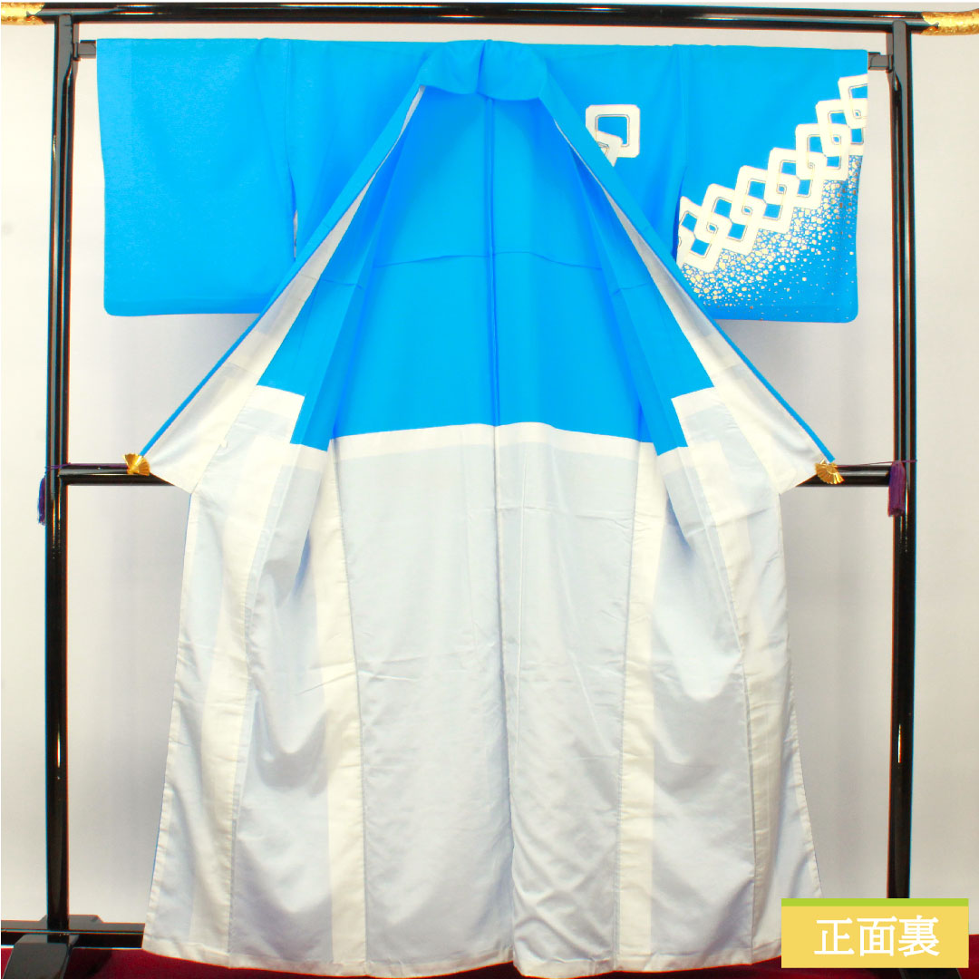 Homongi (formal kimono) made of polyester with a waistband, length 163.5cm, sleeve length 67.5cm, Tenshoku, washable kimono, Yoshihara Tsunagi, dance costume, tsukesage, S rank, blue, 1112004262417