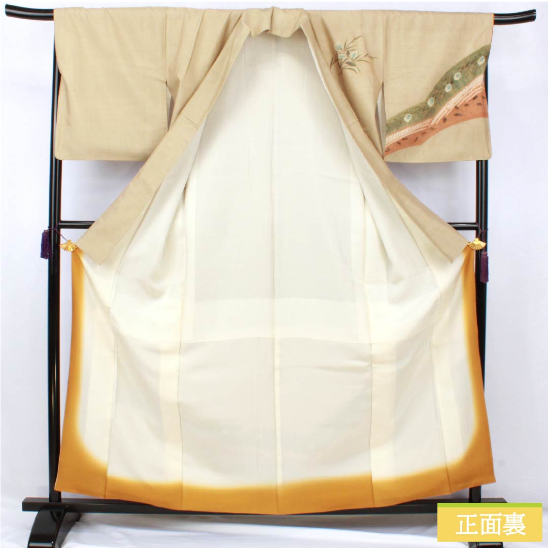 訪問着 正絹 Bランク 袷 身丈160cm 裄丈68cm 亜麻色（あまいろ） 生紬 桶絞り 乾山絞り 伝統工芸作家 吉澤与市 ベージュ系 1112007414425