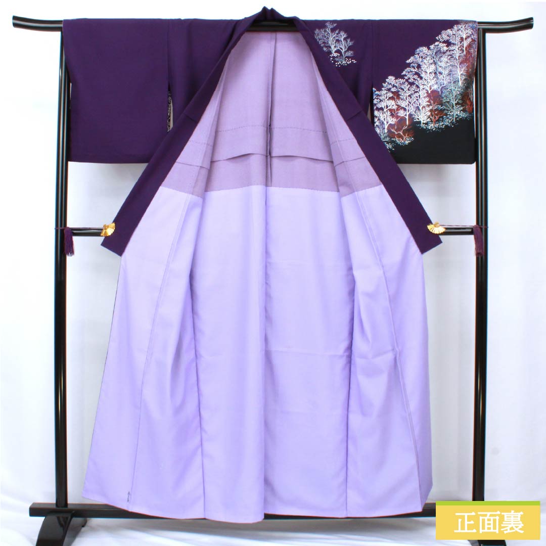 訪問着 ポリエステル Aランク 胴抜き 身丈157.5cm 裄丈65.5cm 菫色（すみれいろ） 金彩加工 風景模様 紫系 1112006393320