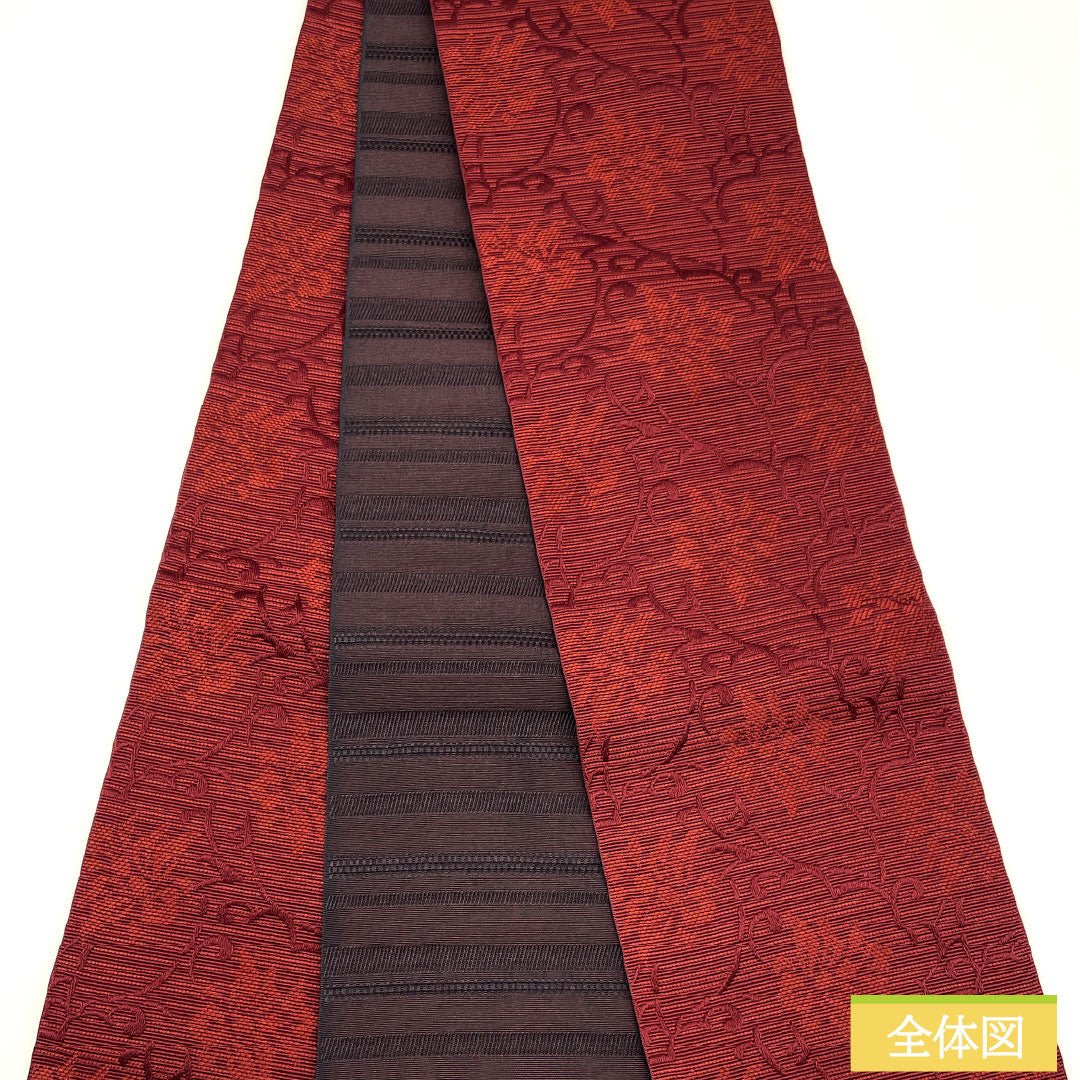 （新品）半幅帯 ポリエステル NEWランク 紅海老茶色（べにえびちゃいろ） 黒色 蔓 抽象花模様 横段 リバーシブル 帯丈400cm 赤系 1125002471412