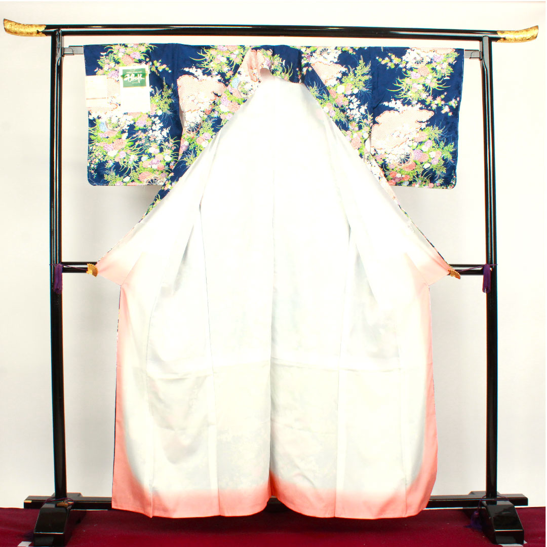 小紋 身丈160cm 裄丈65cm 袷  濃藍色 洗える着物 花車 草花模様  ポリ Sランク 紺系 1115003302418