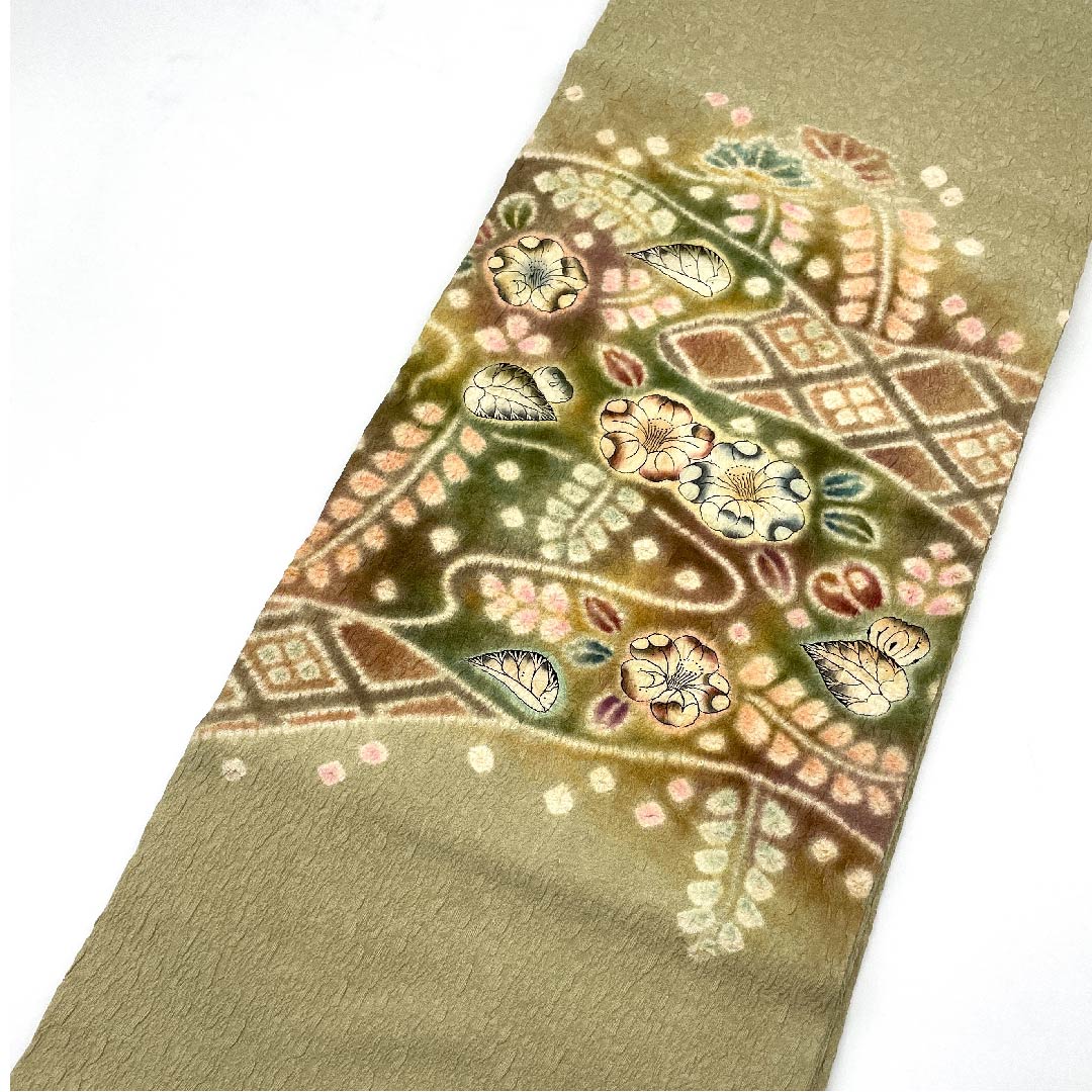Nagoya obi, steamed chestnut color, Tsujigahana, obi length 340cm, pure silk, A rank, point pattern, semi-formal, yellow, 1124003533323, open style