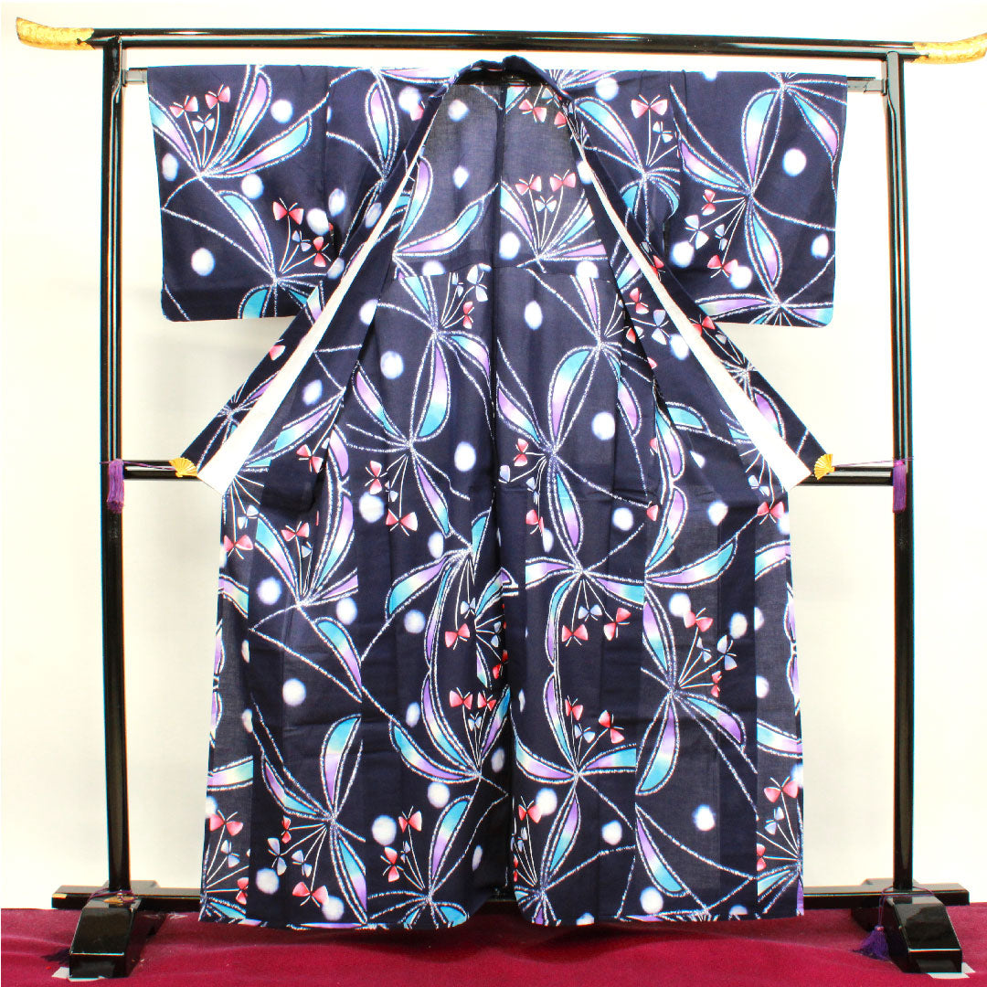 Yukata, dark blue, abstract pattern, cotton, S rank, single layer, length 162cm, sleeve length 66cm, navy blue, 1118003882418