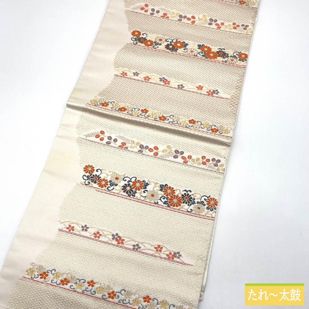 Nagoya Obi, Pure Silk, Grade B, Gofun-iro (White Powder-Colored), Chinese Flower Pattern, Horizontal Stripes, Pointed Pattern, Semi-Formal, 358cm Long, White, Item Number 1124009604311, Nagoya Style