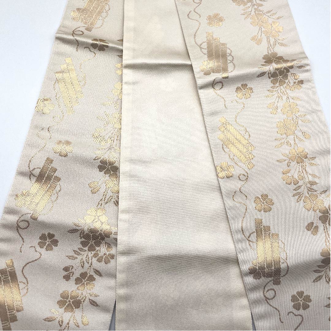 【未仕立】半幅帯 正絹 NEWランク  胡粉色（ごふんいろ） 花笩 新品未使用品   帯丈453cm クリーム系 1125000321415