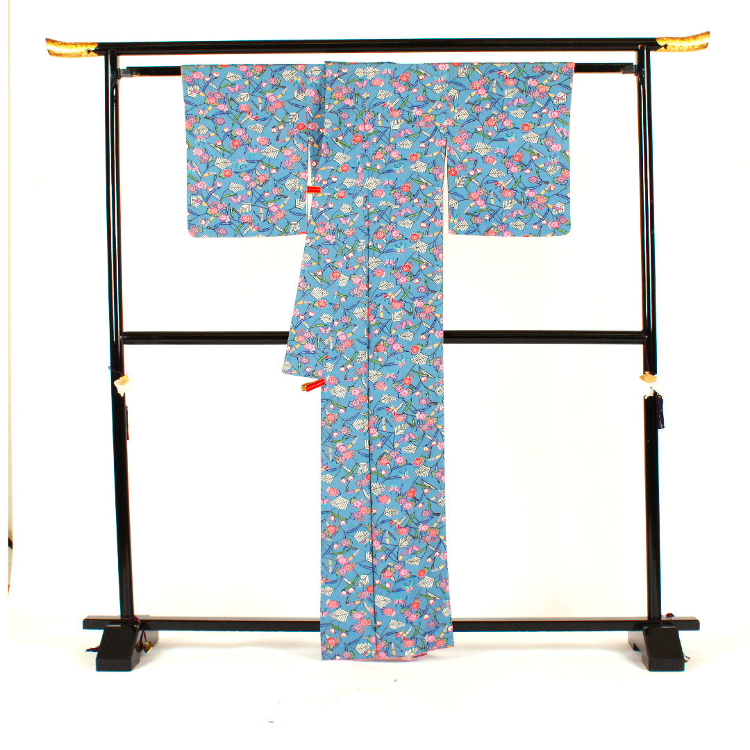 Komon, Length 162cm, Sleeve length 67cm, Lined, Bingata, Pure silk, A rank, Blue, 1115001783417