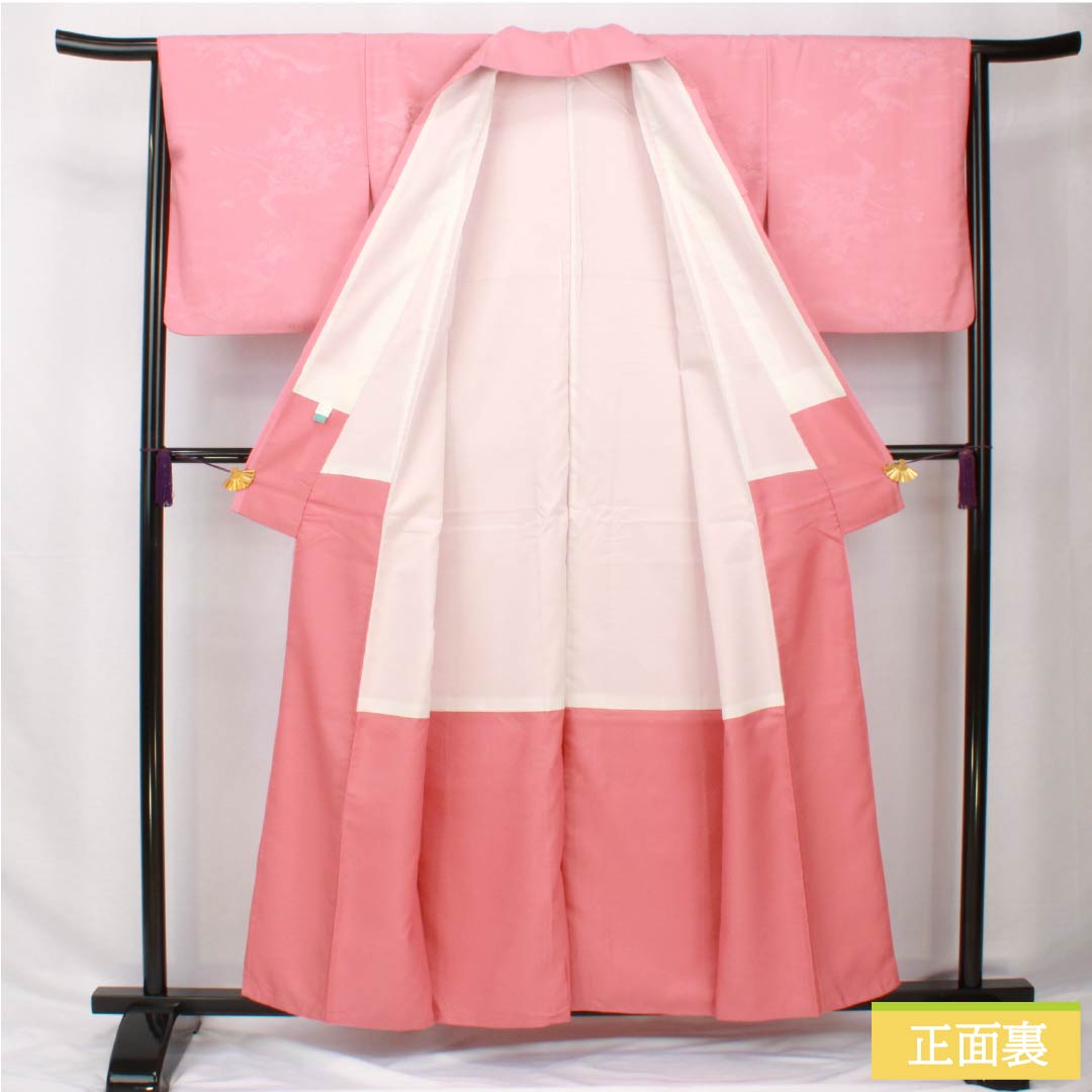 Solid-colored polyester kimono, length 157cm, sleeve length 64cm, single-layer plum-colored (hitoeumeiro) woven with silk brocade and featuring a flower cart, washable, lined, A-rank, pink, product number 1114002133313