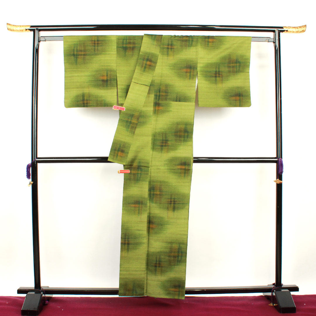 Tsumugi, Length 158cm, Sleeve length 61cm, Green, Abstract pattern, Pure silk, S rank, Lined, Green, 1116002042319