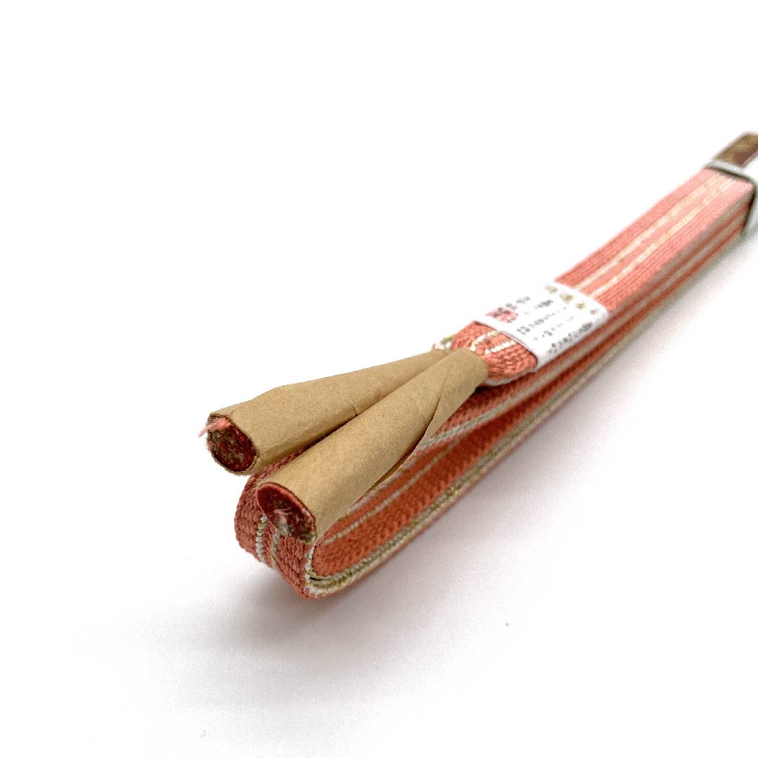 (Like new) Pure silk obijime (sash band) with a washed vermilion finish, featuring metallic threads and specially selected gold and silver threads. Approximately 168cm long, 1.5cm wide, semi-formal, S rank, pink. Product code: 1135002322313