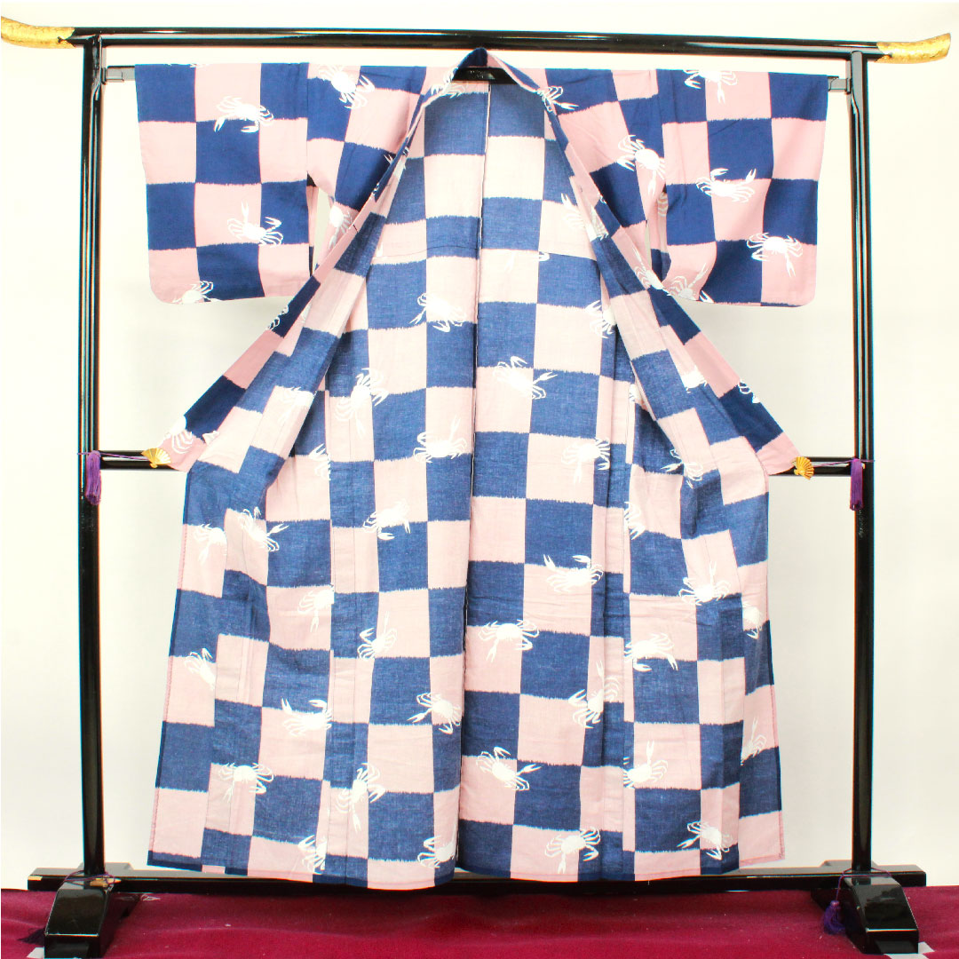 Yukata Checkered Crab Cotton A Rank Single Layer Length 157cm Sleeve Length 66.5cm Gradient 1118002953399