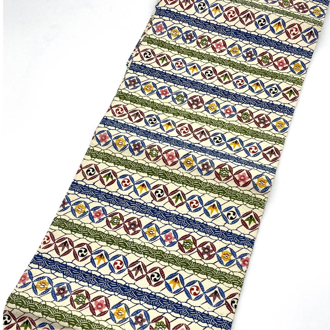 Nagoya obi, natural color, genuine bingata, circle with flower pattern, obi length 330.5cm, cotton, S rank, full length, casual, cream color, 1124003652315, Nagoya style