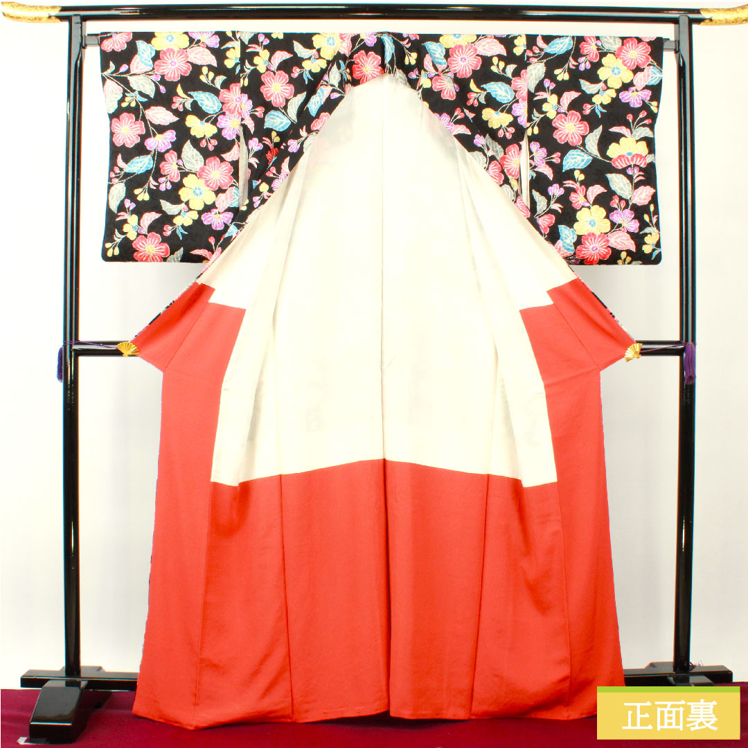 小紋 正絹 身丈165.5cm 裄丈67cm 袷 絞り 草花模様 Sランク 黒系 1115004472510