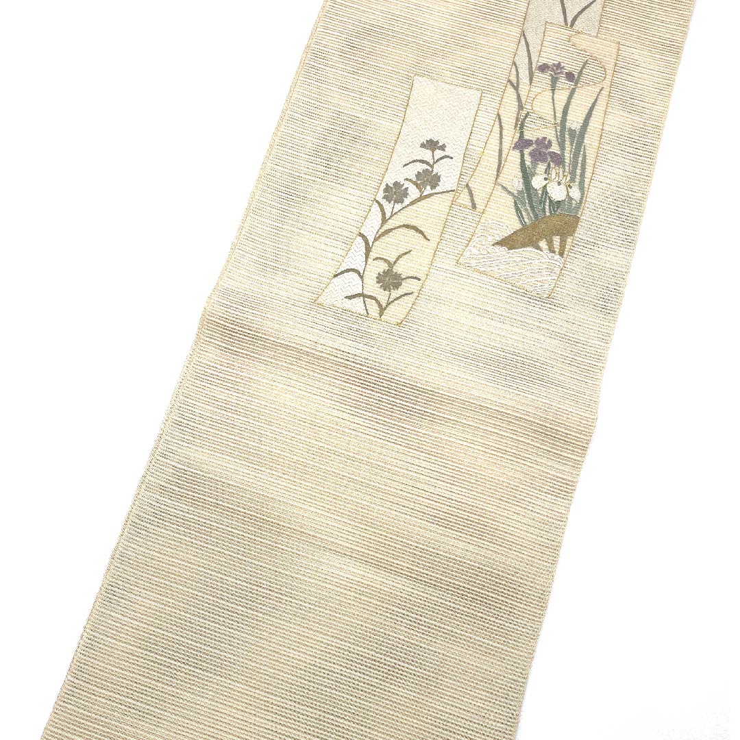 Nagoya obi, natural color, summer obi, silk, iris, cosmos, flowing water, obi length 366cm, pure silk, S rank, point pattern, formal, cream color, 1124004472315, open style