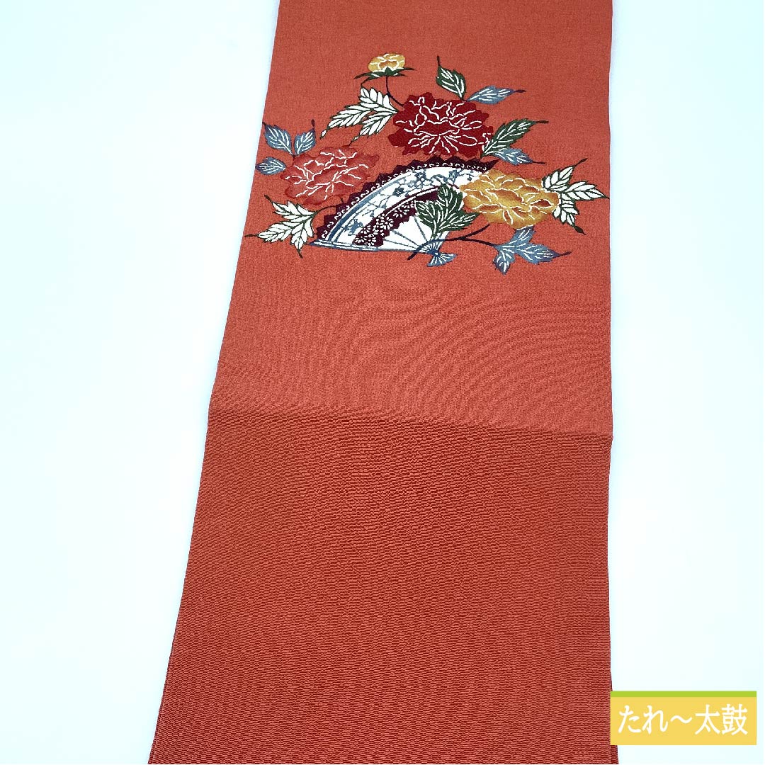 名古屋帯 正絹 似紅色（にせべにいろ） 扇 花 ちりめん 帯丈369cm Sランク ポイント柄 カジュアル 赤系 1124006402312 名古屋仕立て