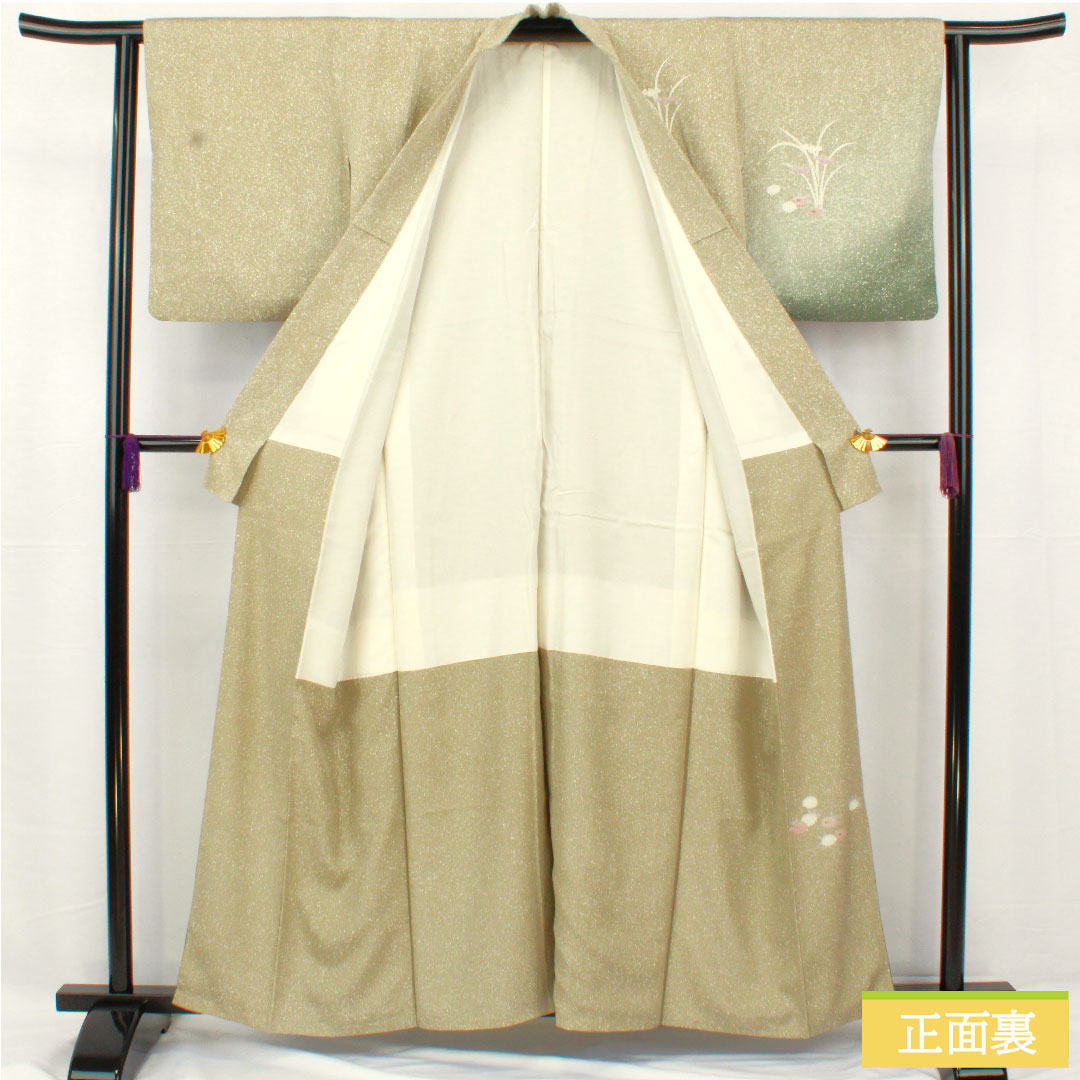 訪問着 正絹 袷 身丈157.5cm 裄丈62cm 蠟色（ろういろ） タタキ染 京友禅 菊 菖蒲 一つ紋 Sランク 緑系 1112005252319