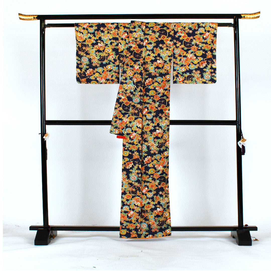 小紋 身丈162.5cm 裄丈63.5cm 袷  草花模様  正絹 Sランク 紺系 1115001422418