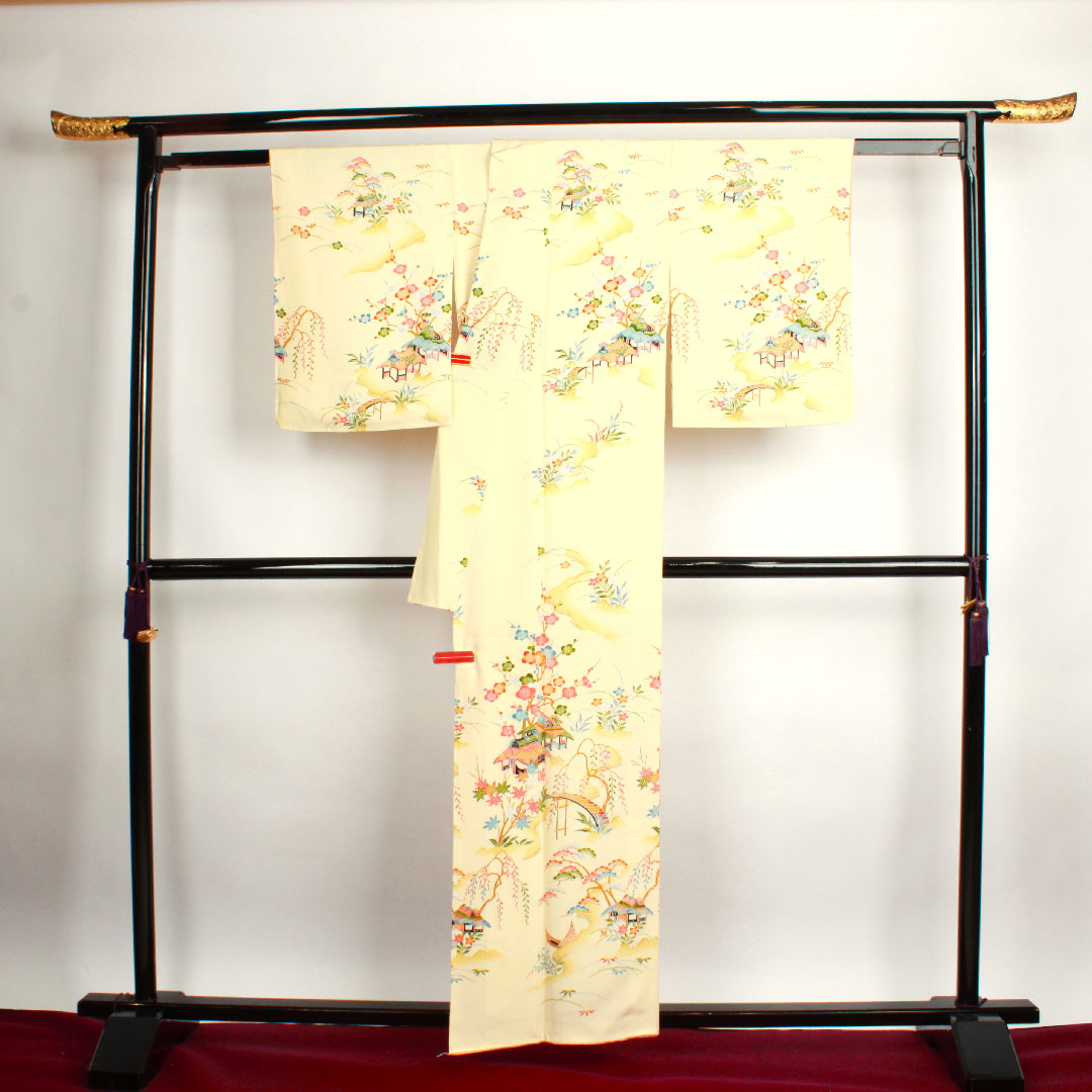 訪問着 袷 身丈158.5cm 裄丈62cm 鳥の子色 松竹梅 茶屋辻模様 正絹 Sランク クリーム系 1112001592315