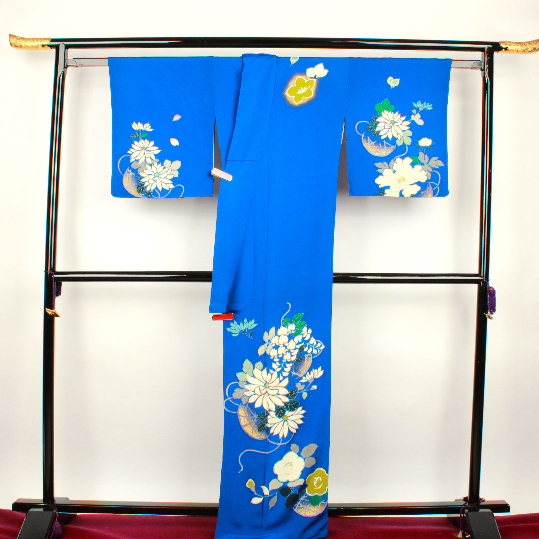 訪問着 袷 身丈163cm 裄丈68cm 瑠璃紺色 桜 菊 椿 正絹 Aランク 青系 1112001683417