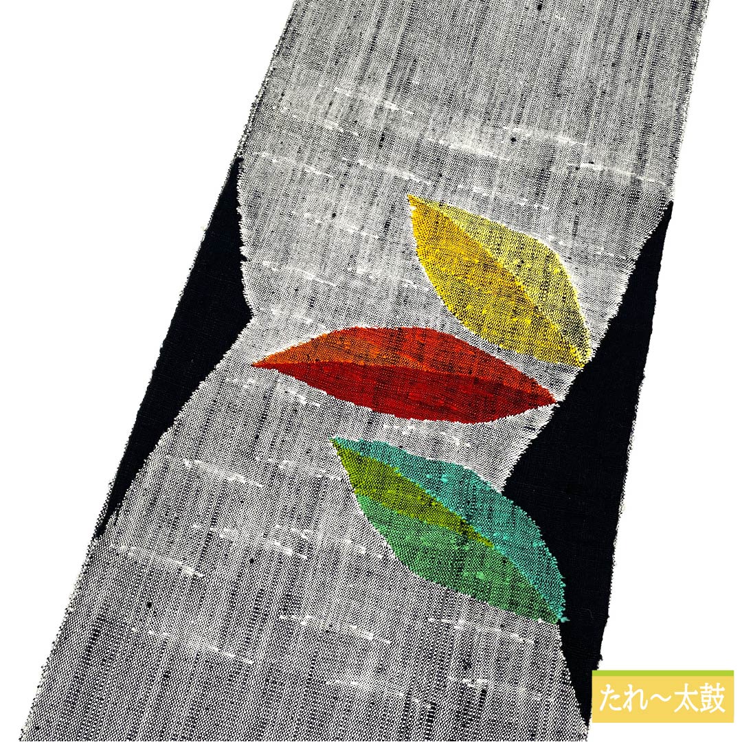 名古屋帯 銀白色色（ぎんはくしょくいろ） 落ち葉 帯丈360cm 正絹 Sランク ポイント柄 カジュアル グレー系 1124006442322 松葉仕立て