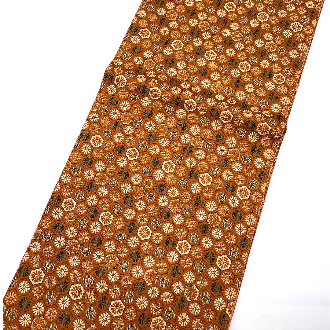 【未仕立】袋帯 正絹 Aランク 赭色（そおいろ） 亀甲 菊   帯丈464cm 全通 セミフォーマル 茶系 1123006573414