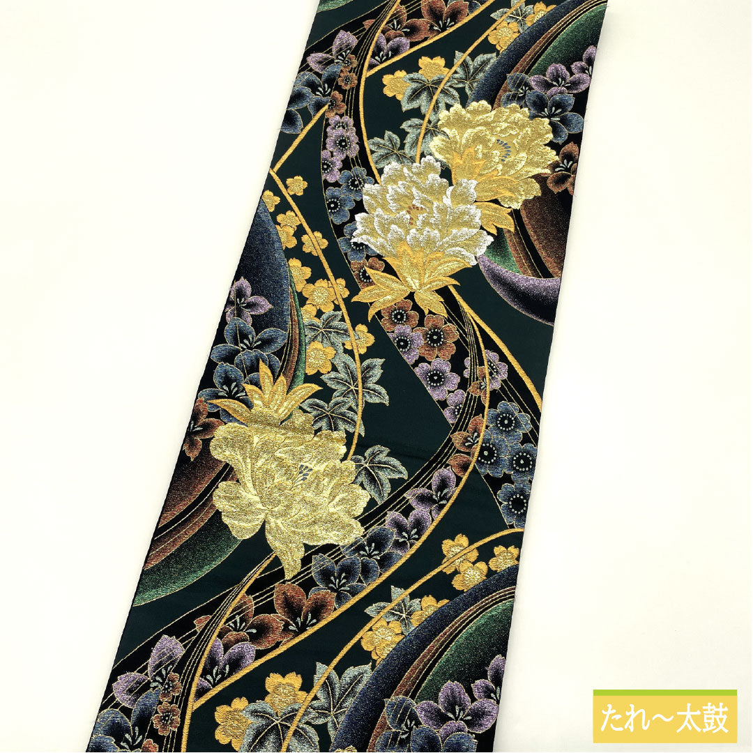 袋帯 正絹 Sランク 西陣織 振袖用 花模様 帯丈438cm 六通 フォーマル 緑系 1123016312319