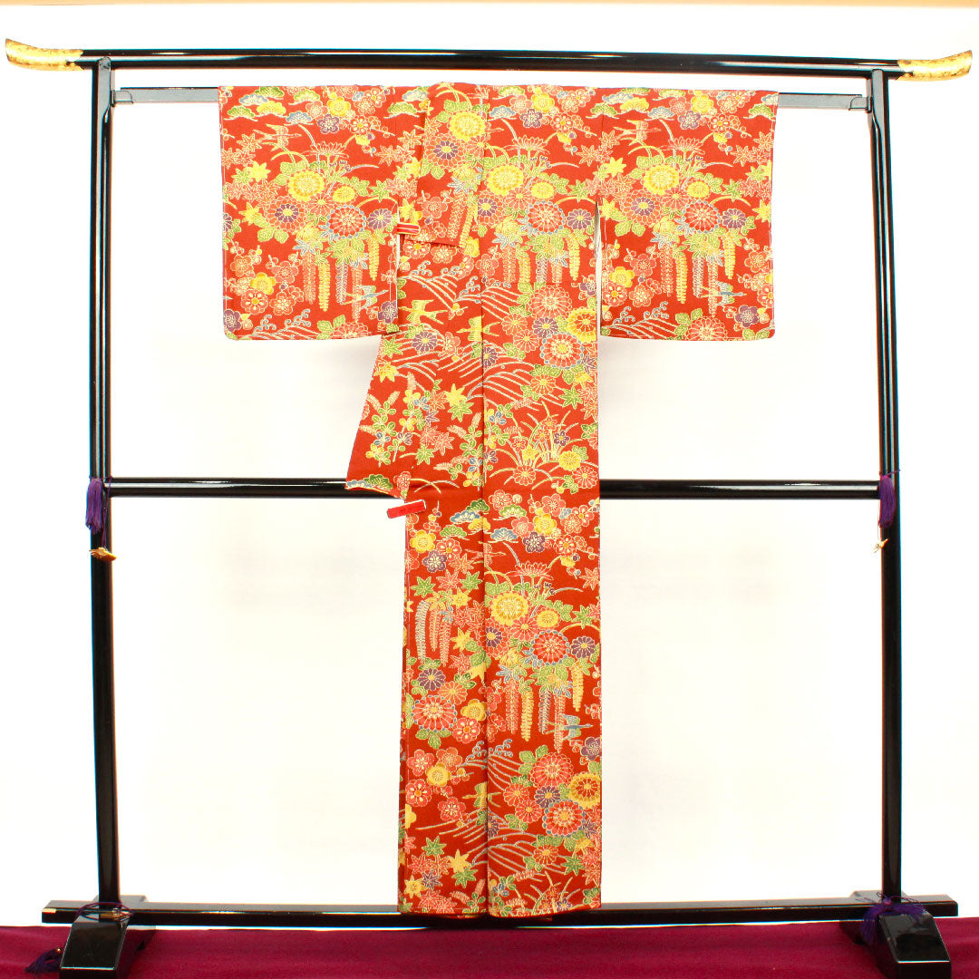 小紋 身丈154cm 裄丈61cm 袷  猩々茶色 型染 菊 梅 草花模様  正絹 Sランク 茶系 1115002652214