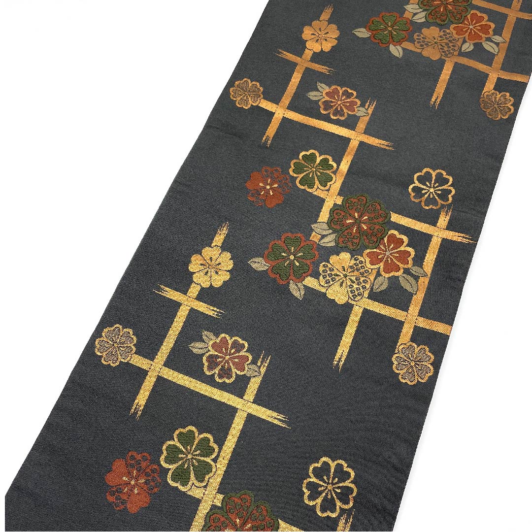 名古屋帯 京袋帯 具墨色 桜 井桁 帯丈374cm ポリ Aランク 六通 セミフォーマル グレー系 1124003313322  開き仕立て