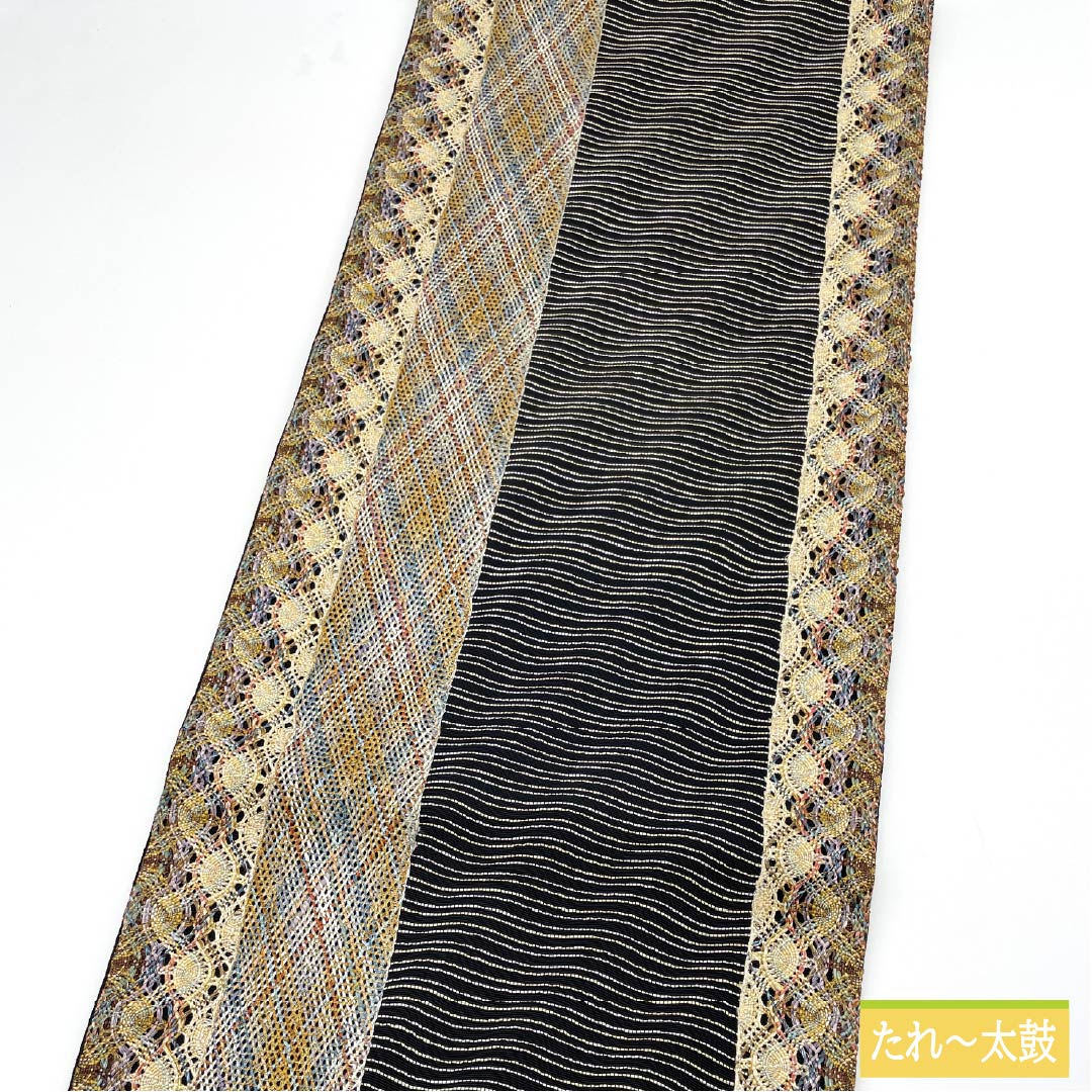 Fukuro Obi, Pure Silk, Weave, Length 456cm, S Rank, Six-way, Casual, Black, 1123013182410