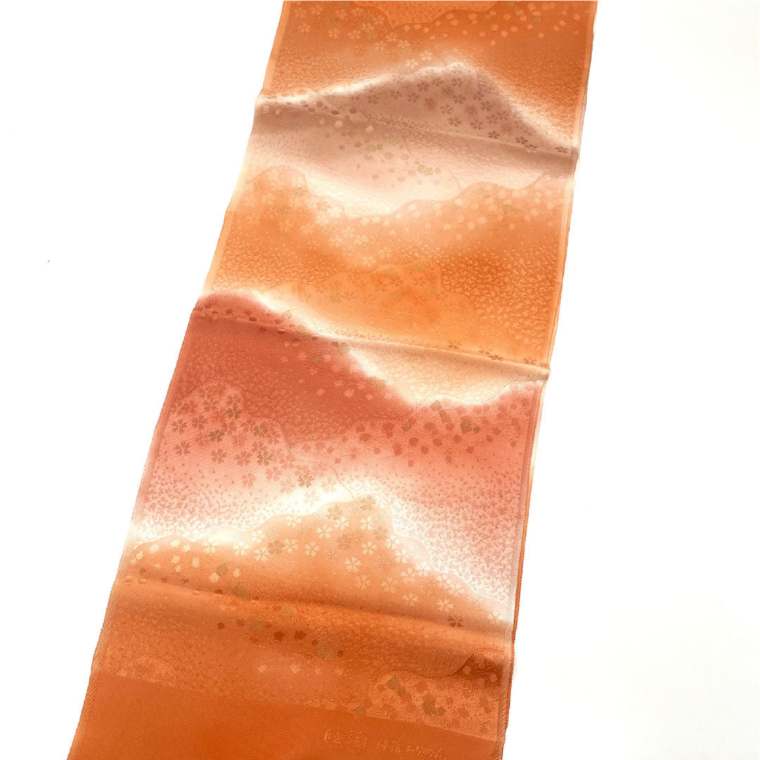(Like New) Semi-Formal Silk Obiage (Sash) in Coral Blue (Sangoiro) with Tango Chirimen Chirimen Gradient and Cherry Blossom Design, Approximately 180cm Long, 32cm Wide, Orange, Product Number: 1136001181926