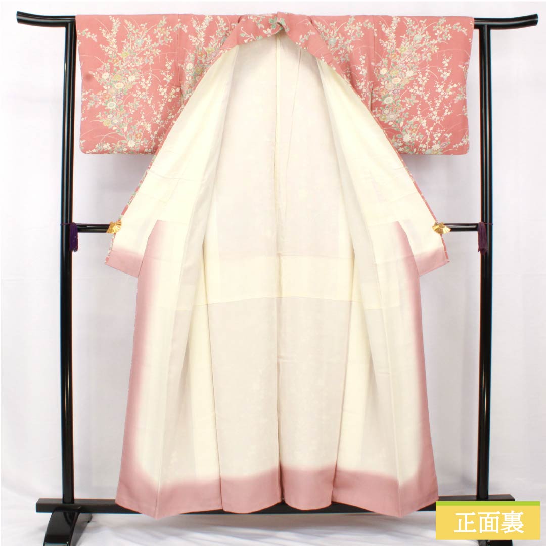 小紋 正絹 身丈156cm 裄丈62.5cm 袷 浅蘇芳色（あさきすおういろ） 草花模様 Aランク ピンク系 1115005083313