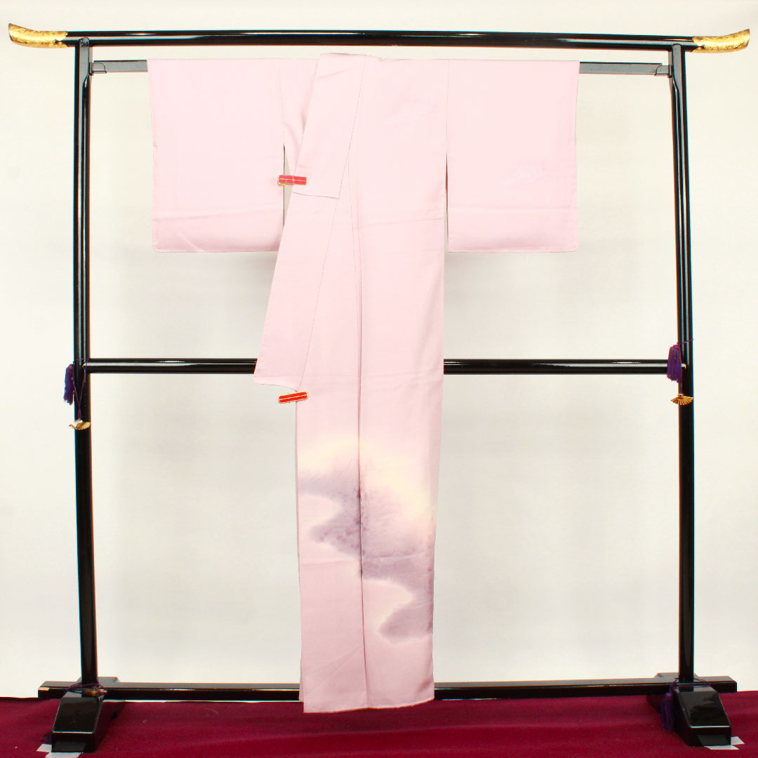Homongi Awase, Length 153.5cm, Sleeve-to-shoulder 61.5cm, Obi-beni color, Landscape pattern, Gradation dyeing, Pure silk, S Rank, Pink系, 1112002202213