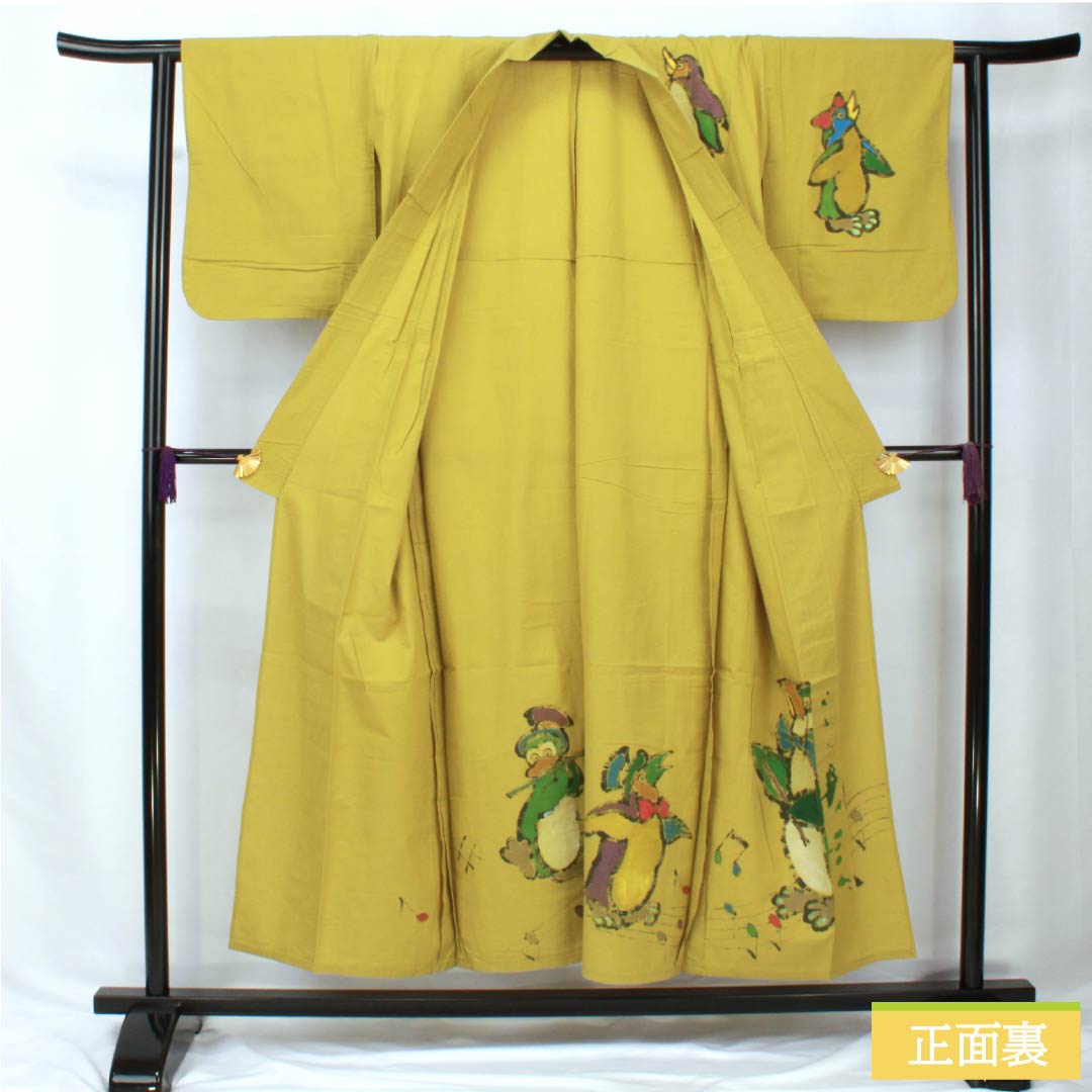 Cotton Yukata, Length 153cm, Sleeve Length 62.5cm, Rank A, Single-Layer, Light Yellow (Asakikiiro), Penguin Design, Product Number 1118005783223