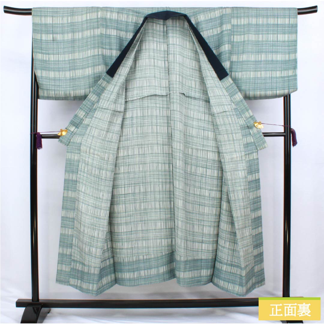 Men's Nagajuban (long under-kimono), pure silk, S-rank, length 151cm, sleeve length 69cm, indigo brown (aito-chairo) check pattern, single layer, light blue, 1140000632524