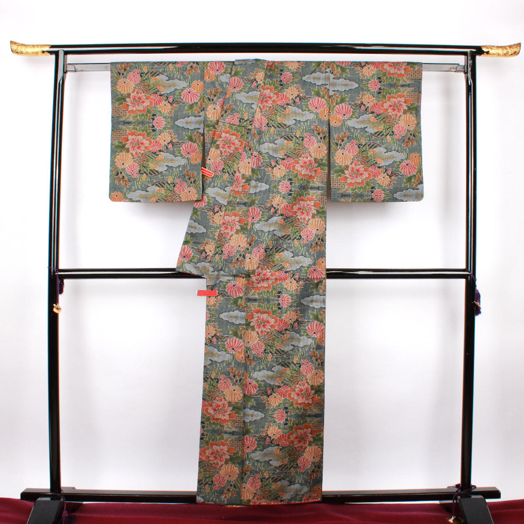 Oshima Tsumugi, Length 156.5cm, Sleeve length 64.5cm, Warp and weft ikat, Floral pattern, Pure silk, A rank, Lined, Green, 1116001853319