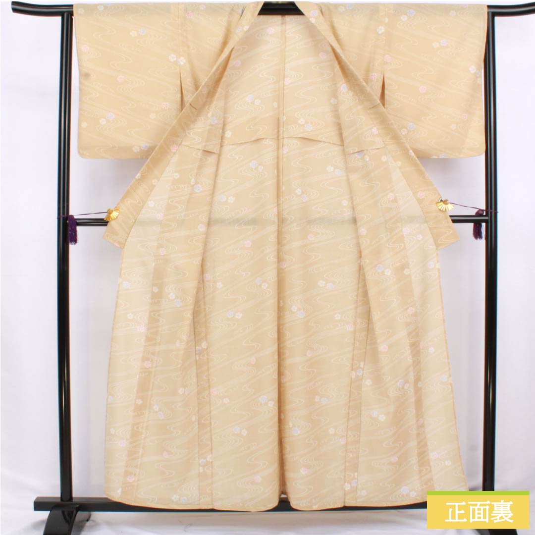 Summer kimono, polyester, small pattern, length 158cm, sleeve length 64cm, mulberry white-brown (kuwairo shirachairo) with flowing water and poppy motifs, washable, gauze, beige, S rank, product number 1132002602325