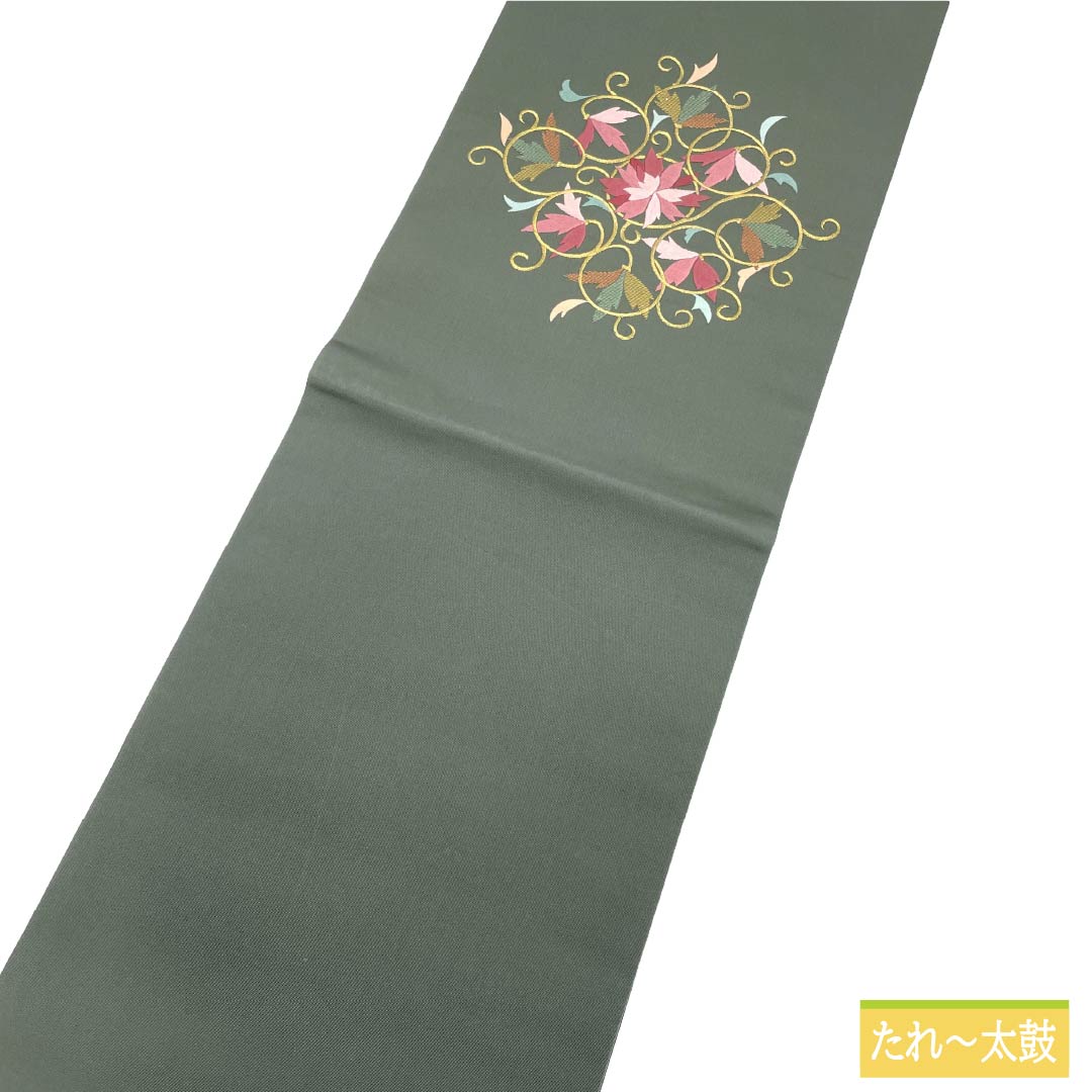 名古屋帯 正絹 Aランク 開き仕立て 鈍色（にびいろ） 唐草模様 帯丈366cm ポイント柄 セミフォーマル 緑系 1124012763319