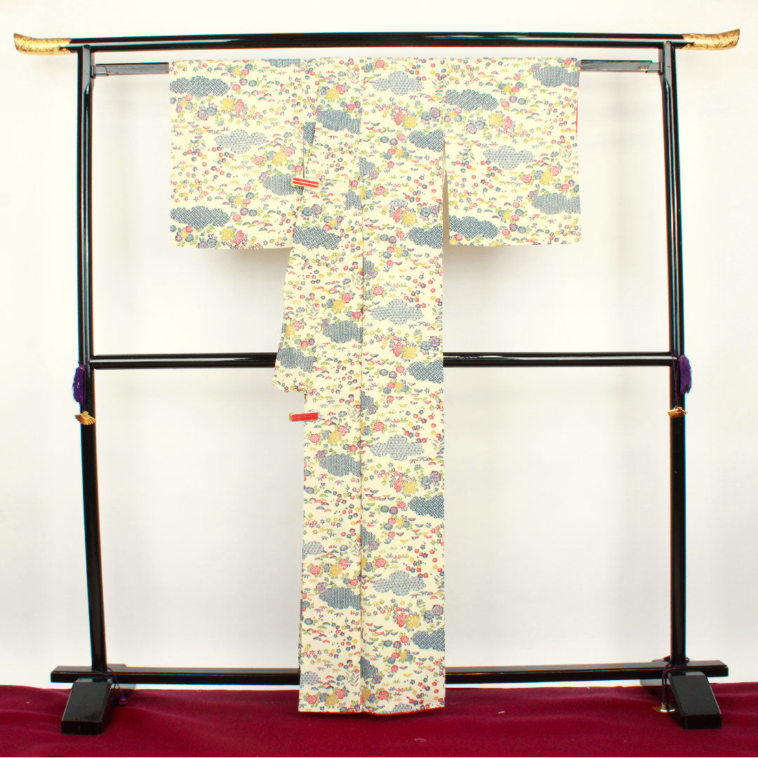小紋 身丈162cm 裄丈63cm 袷  鳥の子色 型染 草花模様  正絹 Sランク クリーム系 1115002382415