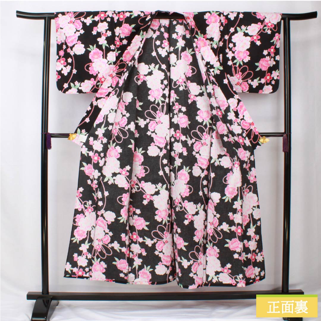 Cotton Yukata, Length 151cm, Sleeve Length 62cm, A Rank, Single Layer, Black, Camellia Pattern, 1118005963210