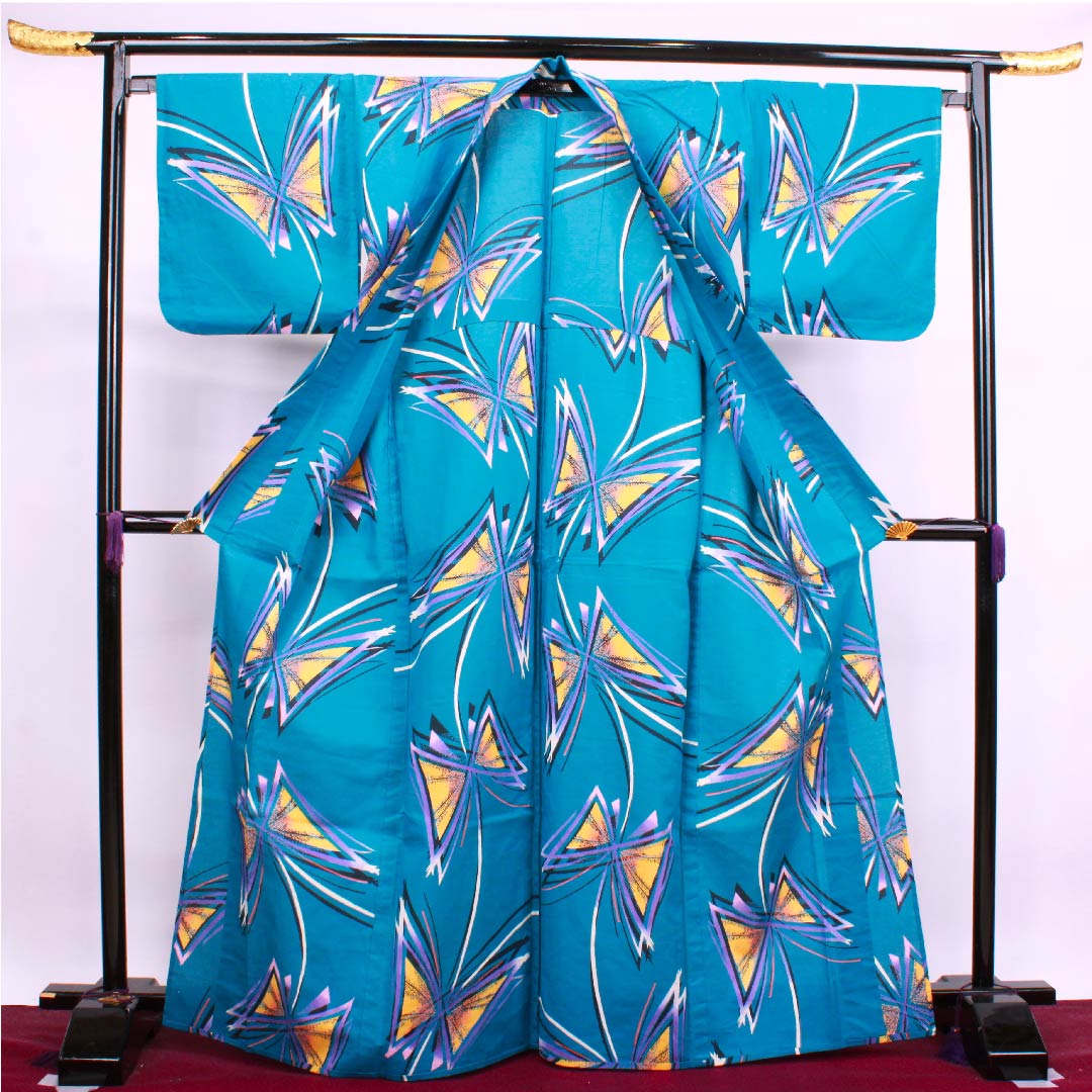 Yukata Rust Light Blue Butterfly Cotton S Rank Single Layer Length 167cm Sleeve Length 68.5cm Blue 1118004282517