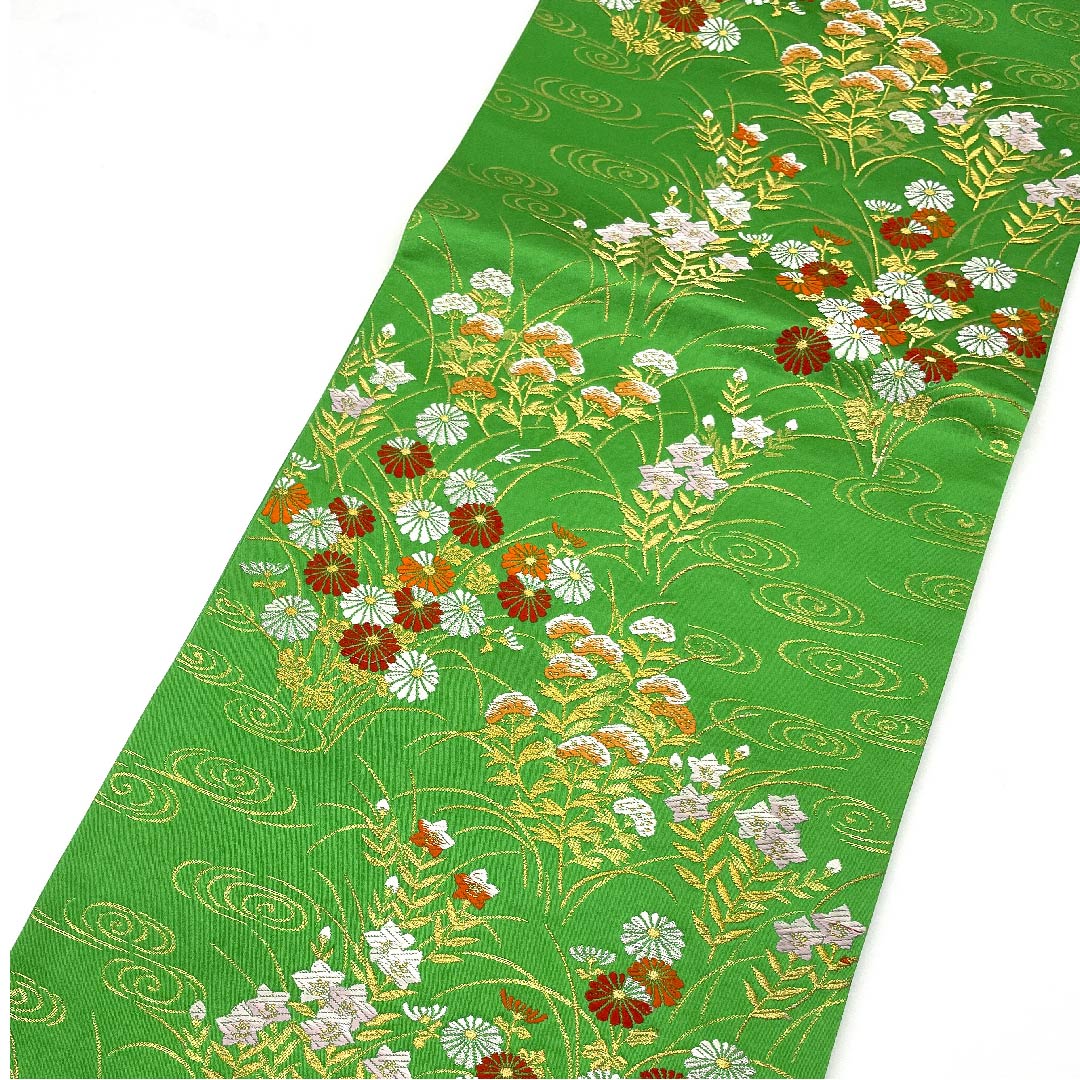 Fukuro Obi (light blue obi) Kanze Ryusui (water flowing stream), bellflower, chrysanthemum, pine, obi length 432cm, pure silk, S rank, six-pass, formal, green, 1123007012319