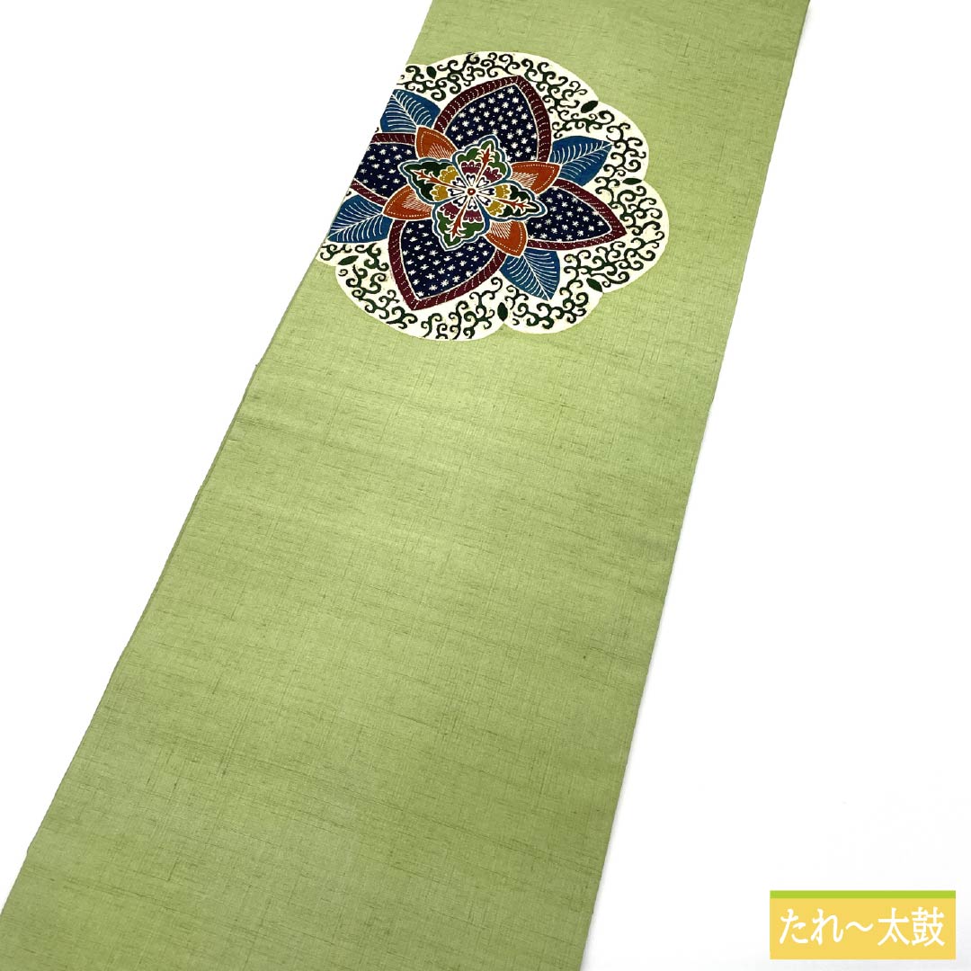 名古屋帯 正絹 Sランク 浅藍色（あさきあいいろ） 型染 抽象花 唐草 帯丈364cm ポイント柄 カジュアル 緑系 1124010422319 名古屋仕立て