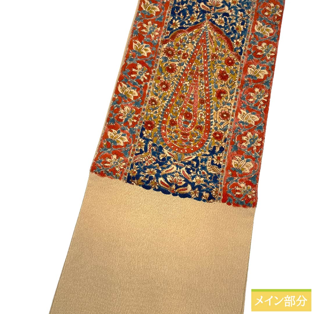 名古屋帯 山吹鼠色 更紗模様 帯丈359.5cm 正絹 Aランク ポイント柄 カジュアル ベージュ系 1124006063325  名古屋仕立て