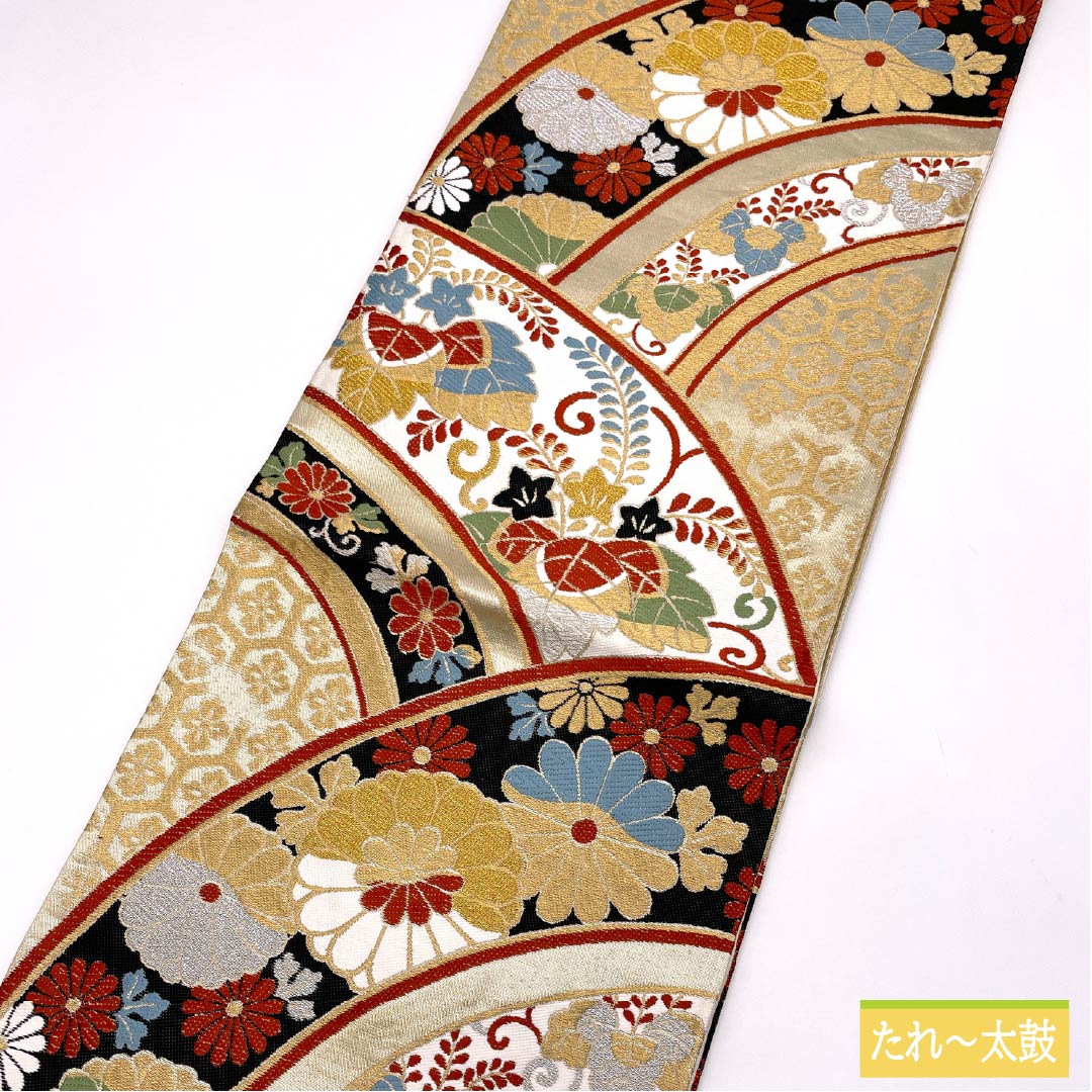 （未仕立）袋帯 正絹 Aランク 亀甲 振袖用 吉祥文様 桐  帯丈420cm 六通 フォーマル 金系 1123014203321
