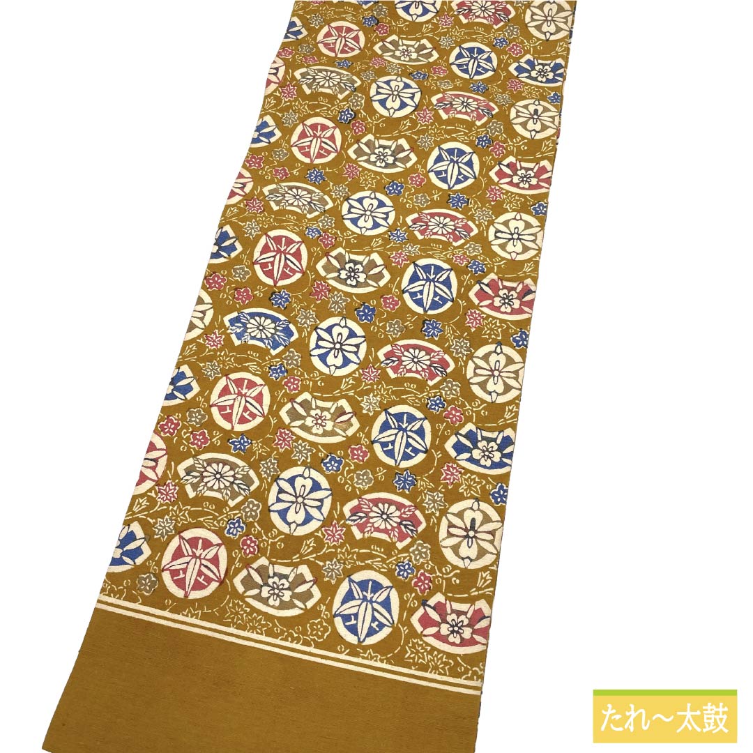 名古屋帯 正絹 Sランク 開き仕立て 黄茶色（きちゃいろ） 型染 古典柄 草木染 帯丈342cm 全通 カジュアル 茶系 1124012192314