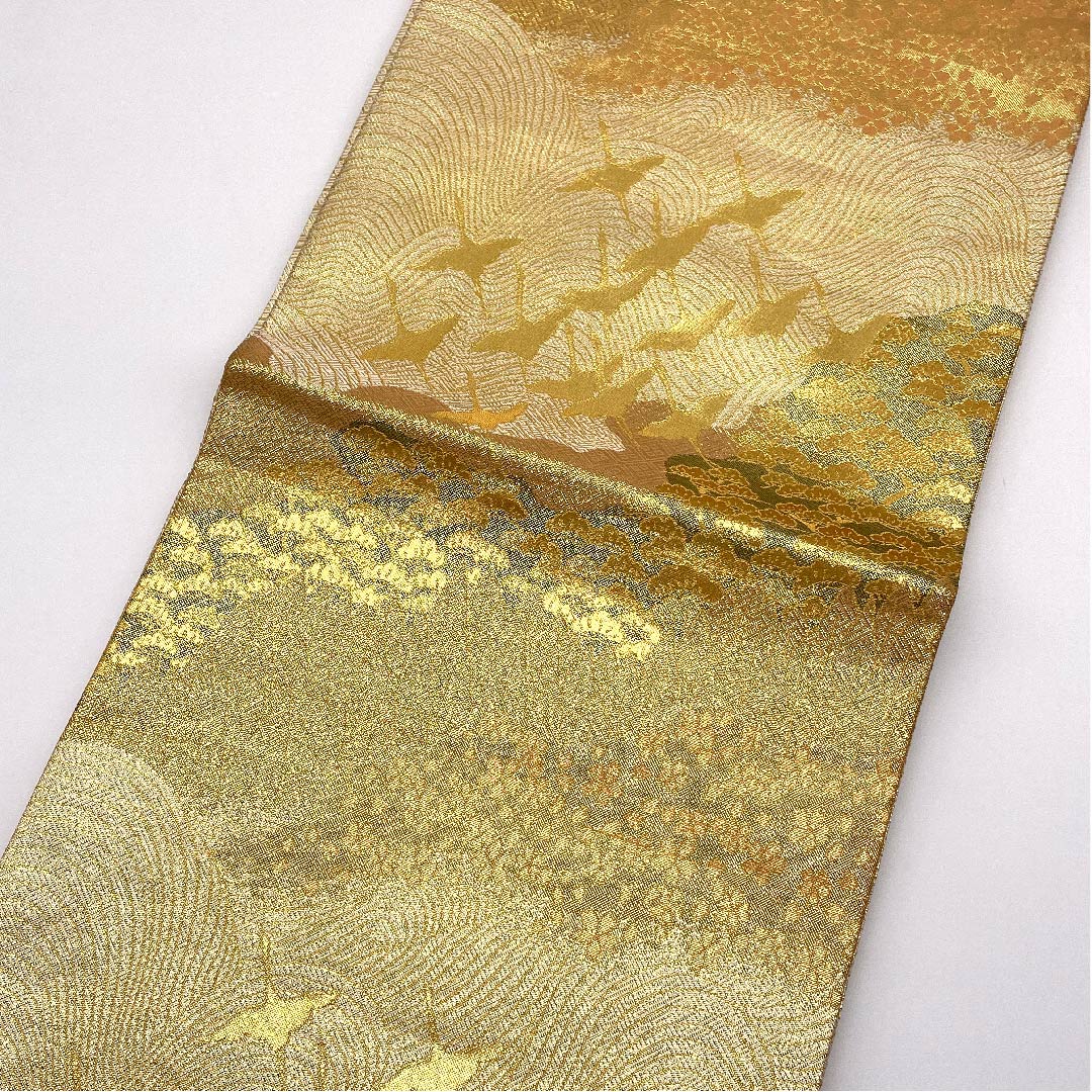 Fukuro Obi Gold Saga Nishiki Cherry Blossom Crane Length 450cm Pure Silk A Rank Six-way Formal Gold 1123006063321
