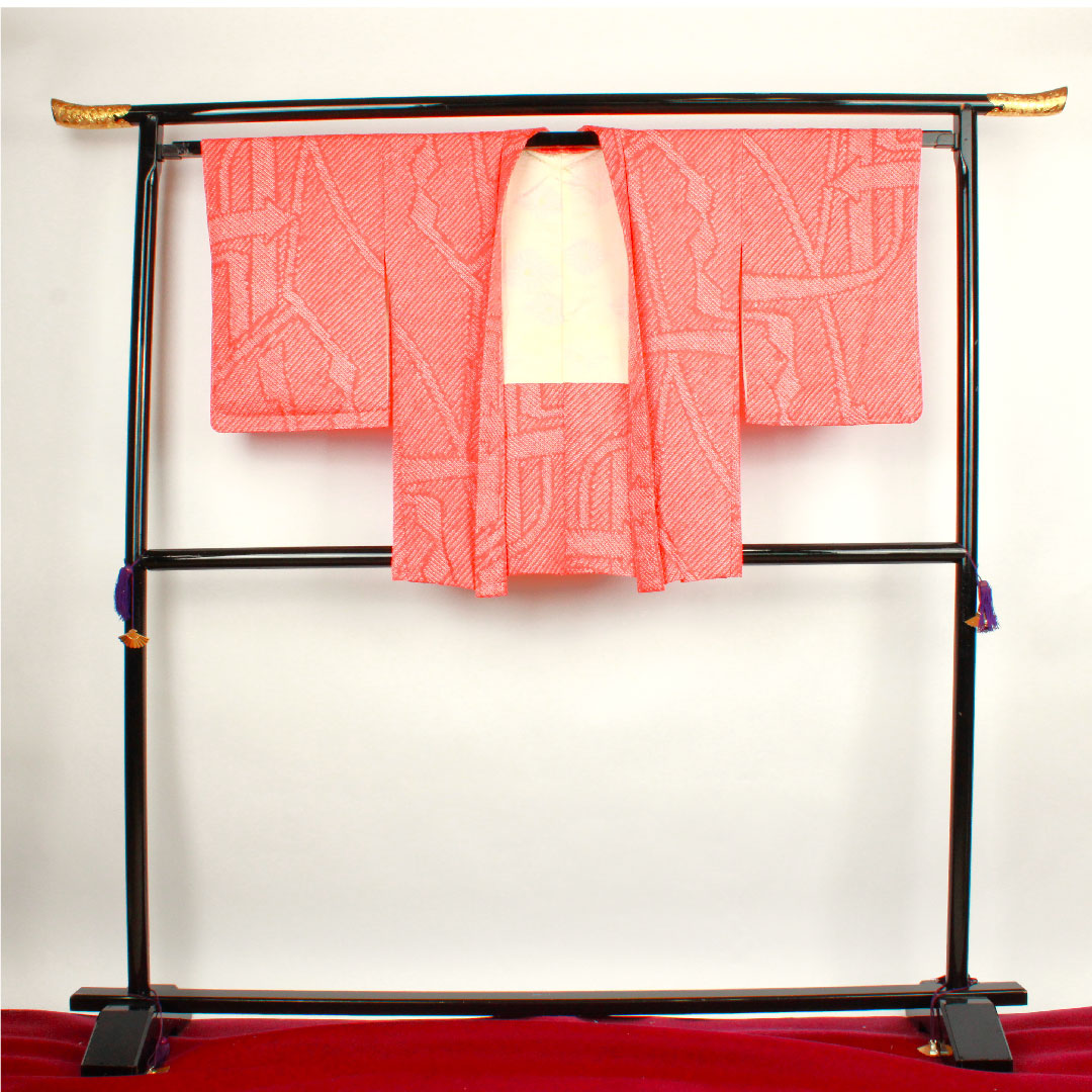 Haori, Length 81cm, Sleeve length 64.5cm, Kyoto scarlet, Shibori, Geometric pattern, Pure silk, A rank, Lined, Vermilion, 1117000383916