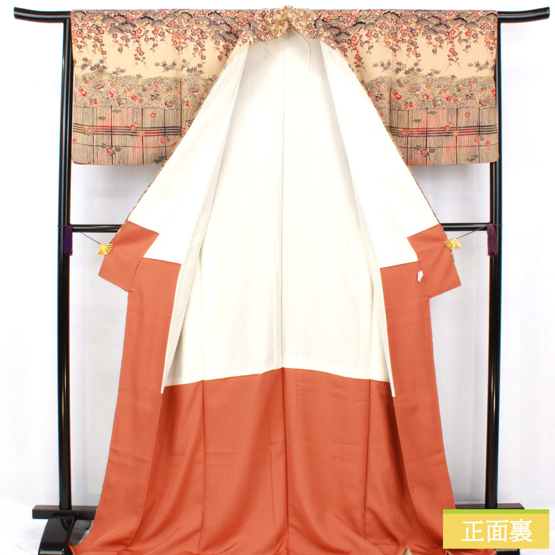 Homongi, pure silk, lined, length 172cm, sleeve length 64.5cm, pine dyed, Kyoto Bingata, auspicious motif, Silfine processing, crepe fabric, S rank, beige, 1112005982625