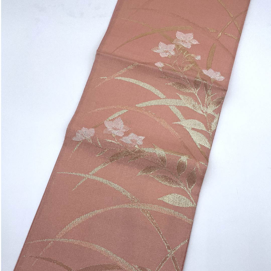 袋帯 薄紅梅色（うすこうばいいろ）夏帯 桔梗 露芝 帯丈424cm 正絹 Sランク 六通 フォーマル ピンク系 1123007272313